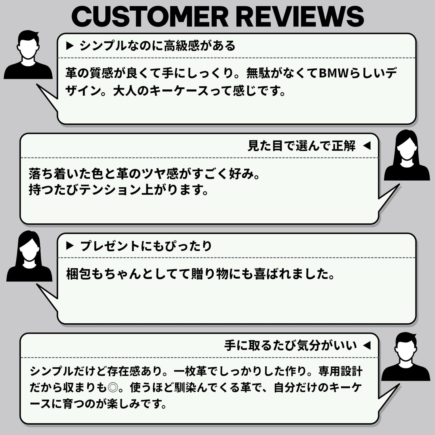 BMW M2・5シリーズ・6シリーズ対応キーケースのレビューまとめ。品質・デザイン・機能性に対する高評価の声を紹介。