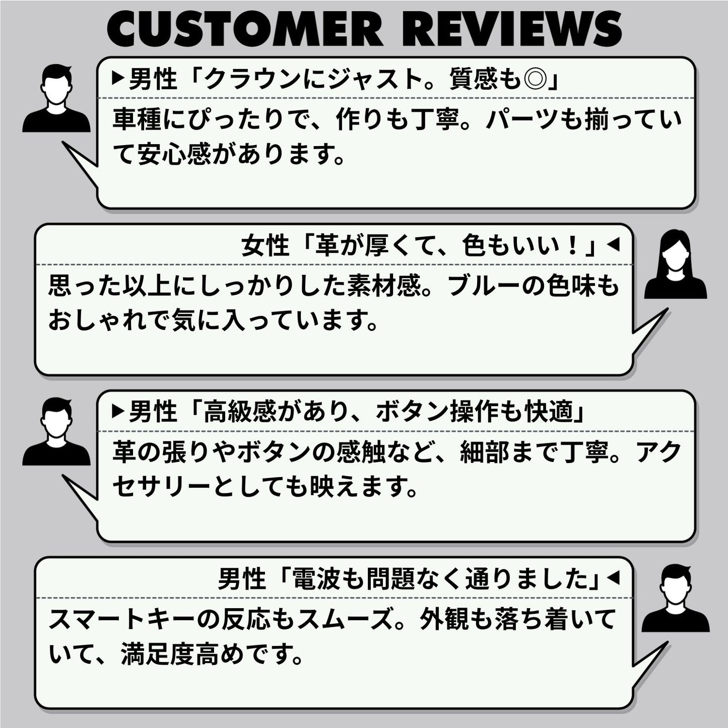 本革スマートキーケースの共通レビューまとめ。高級感のある素材やボタン操作性、電波の通りやすさなどについて男女ユーザーの評価を紹介。