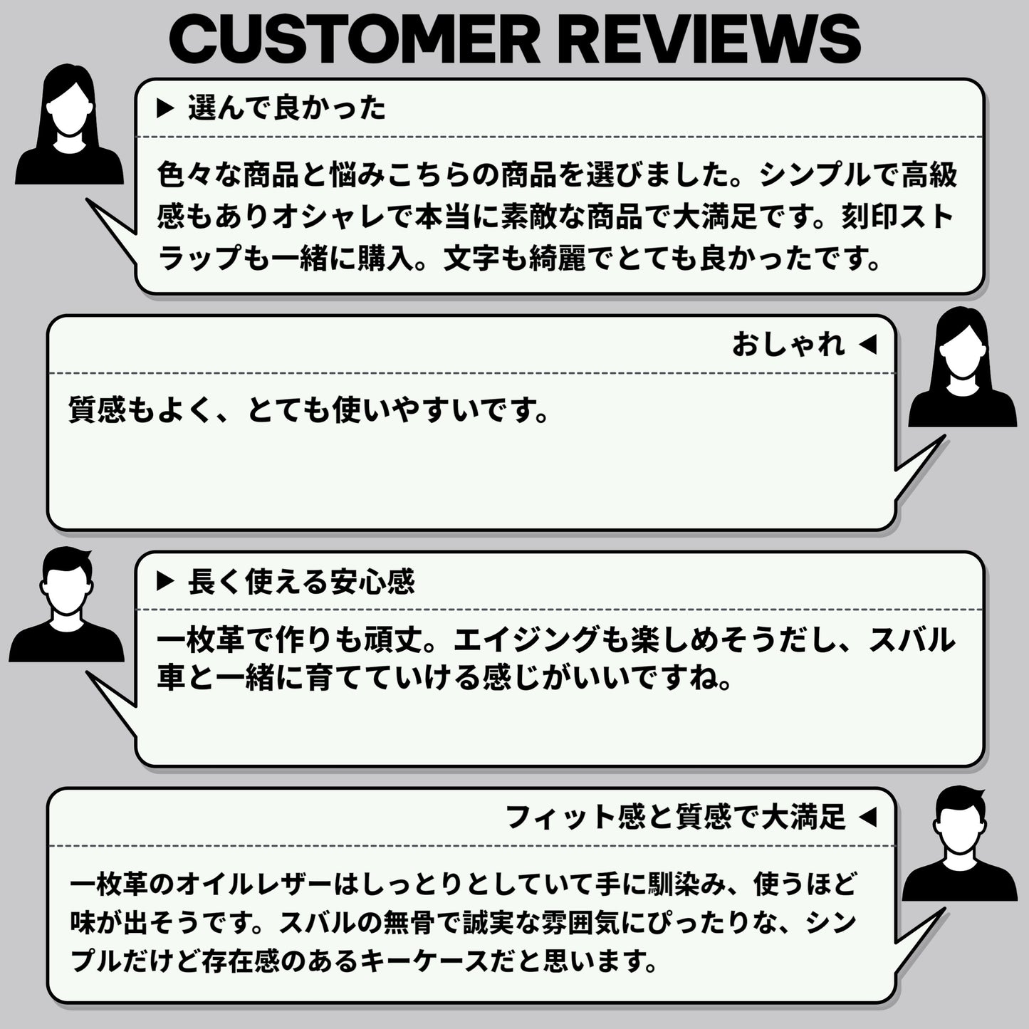 スバル エクシーガ・レガシィ・XV対応のキーケース。デザイン性やフィット感、素材の質感など、実際の購入者による満足度の高いレビューを掲載した画像。