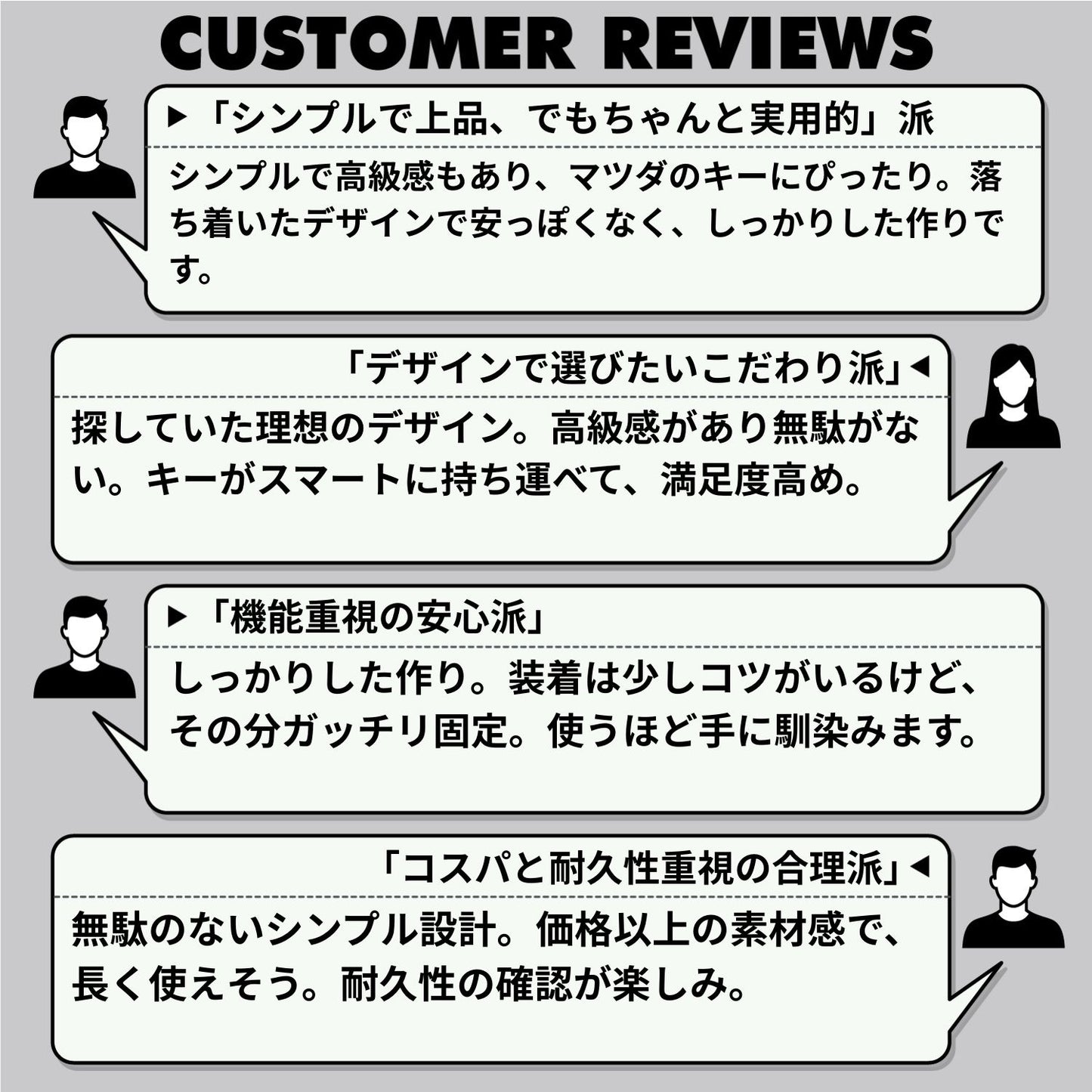 ボルボ対応スマートキーケースのレビューまとめ。シンプル派・デザイン派・安心重視・コスパ派など、ユーザータイプ別に満足ポイントを紹介。