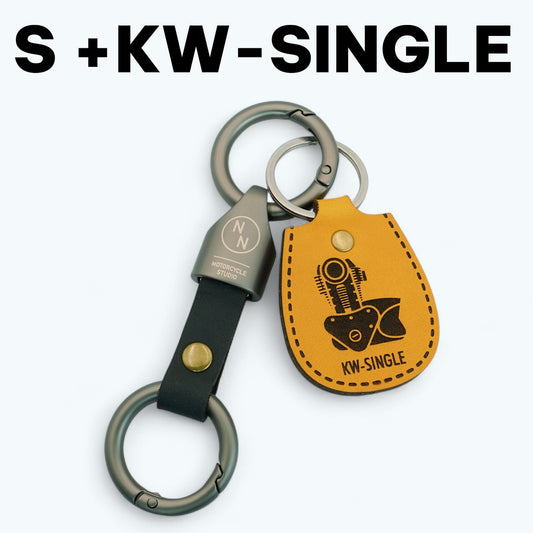 カワサキ エストレア250や250TRの空冷単気筒エンジンを模した本革キーホルダー。KW-SINGLE Sセット　クラシックな車種に最適。