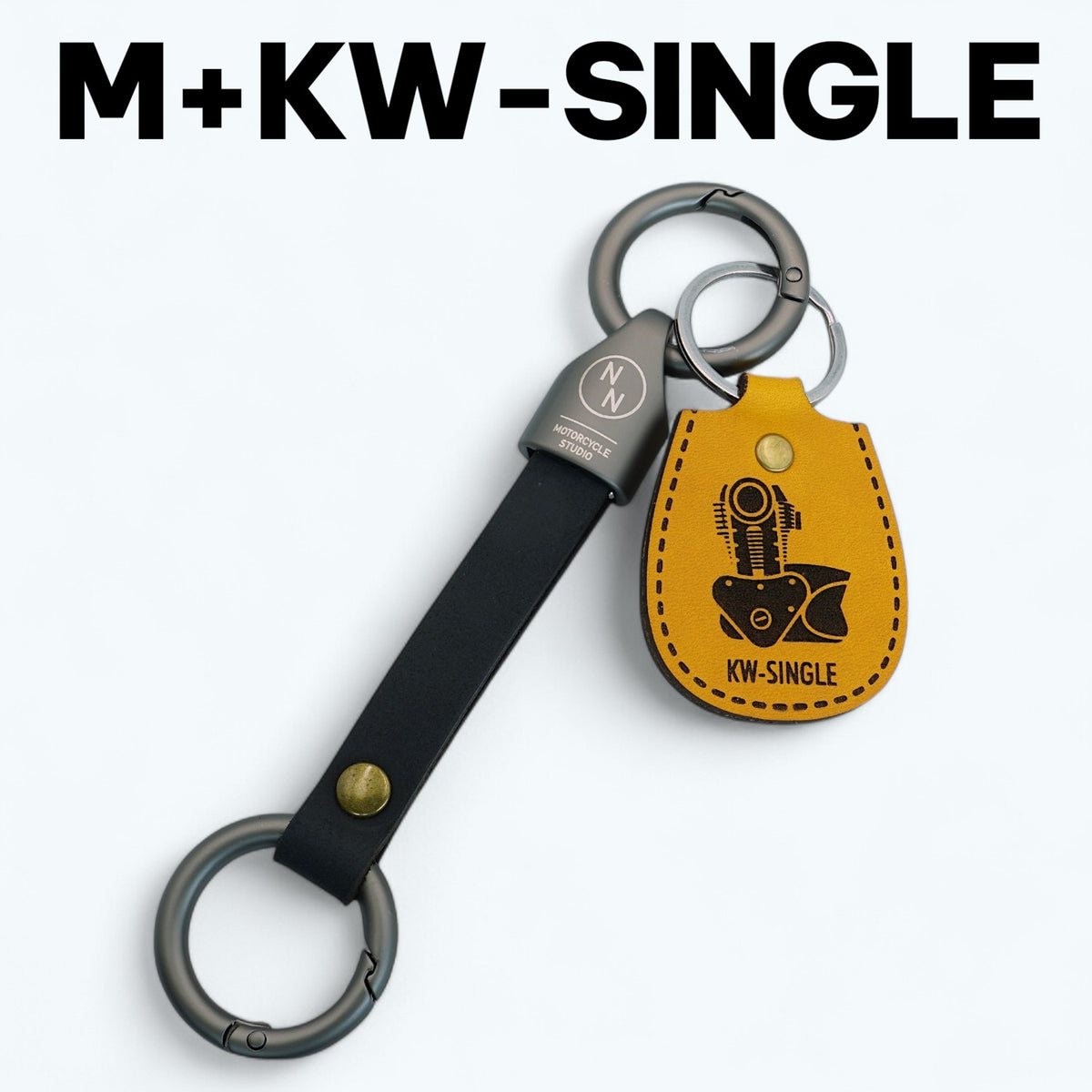 カワサキ エストレア250や250TRの空冷単気筒エンジンを模した本革キーホルダー。KW-SINGLE Mセット　クラシックな車種に最適。