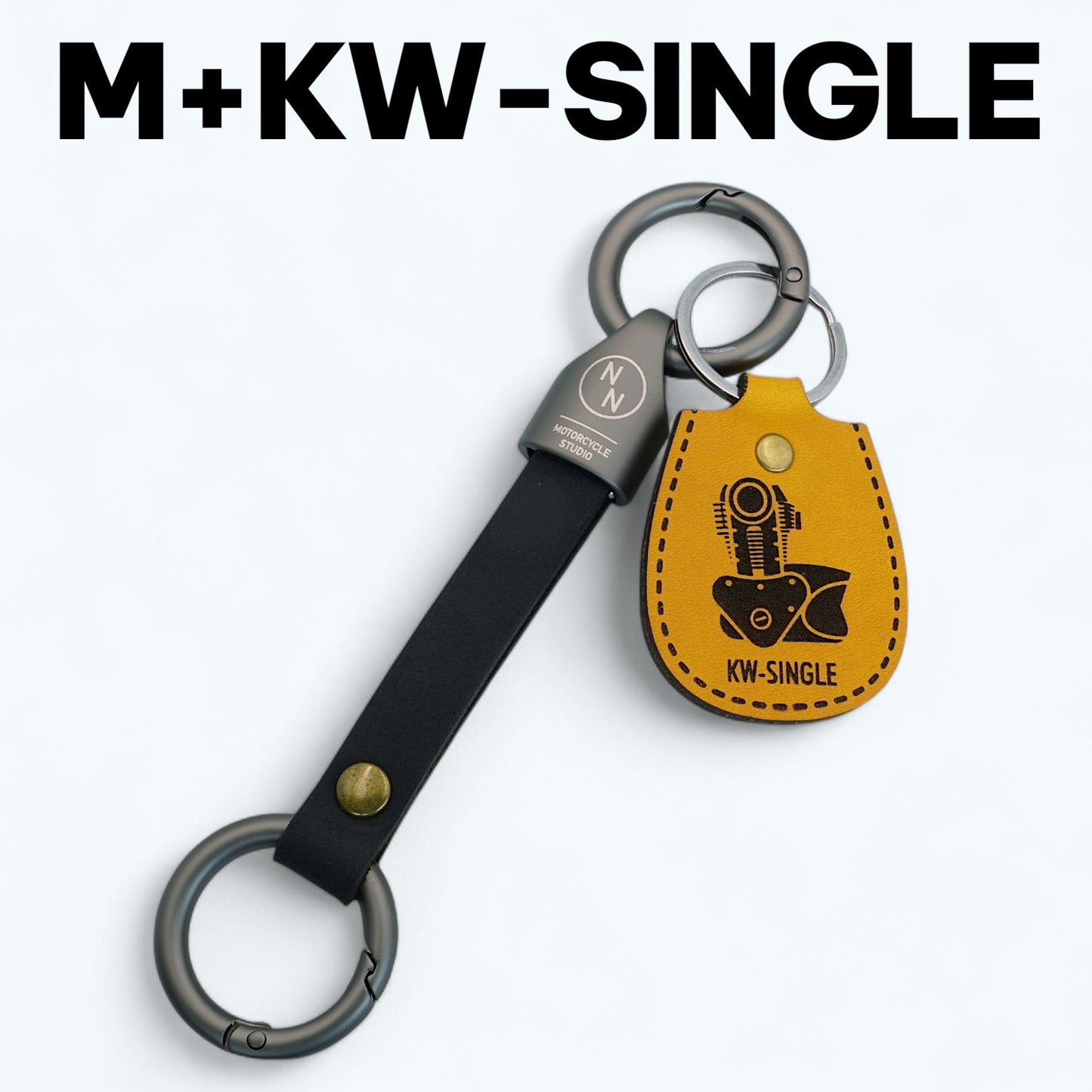 カワサキ エストレア250や250TRの空冷単気筒エンジンを模した本革キーホルダー。KW-SINGLE Mセット　クラシックな車種に最適。