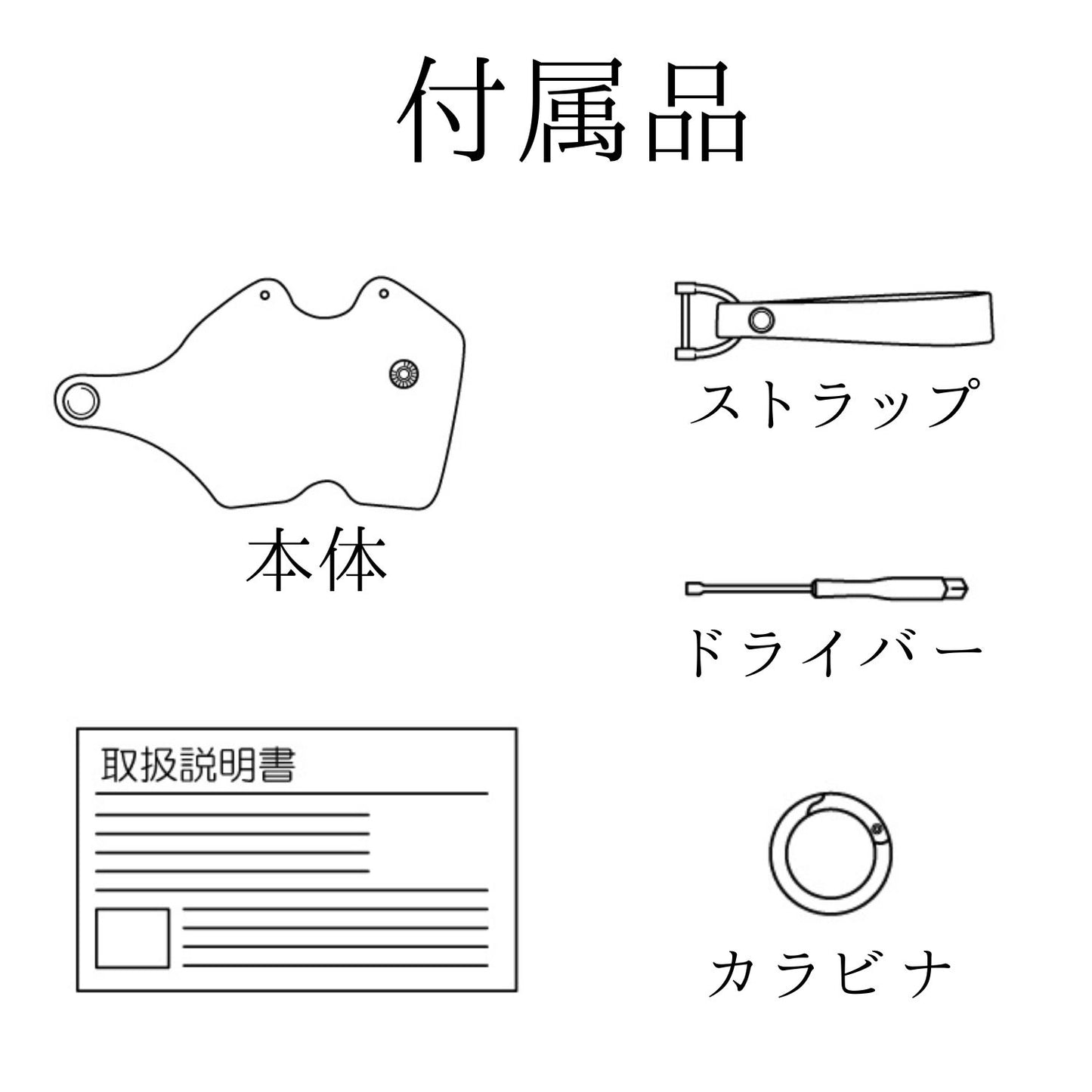 日産 サクラ・ノート・セレナ対応キーケースの付属品構成。ストラップやドライバー、カラビナなど必要アイテムが揃った安心セット。