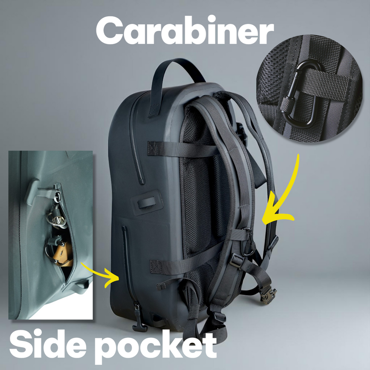 カラビナ装着用ループとサイドポケットを備えた高耐水ブラックバックパック。通勤やアウトドアに適した収納設計。