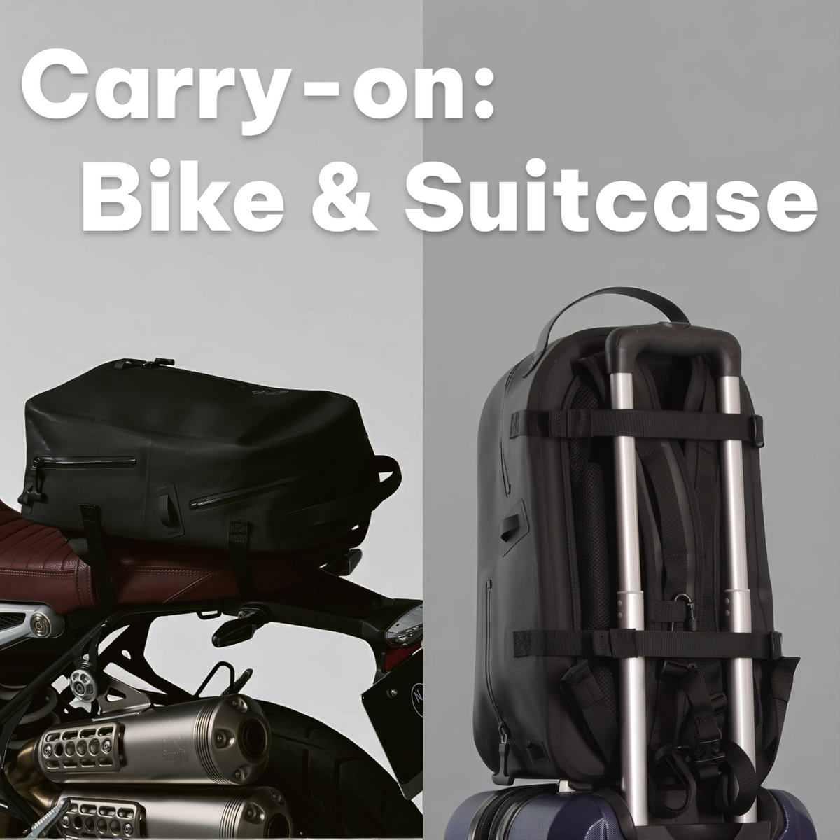 NONINAのバックパックがバイクのリアシートとスーツケースのハンドルに装着された様子。ツーリングにも出張にも対応できるキャリーオン設計。
