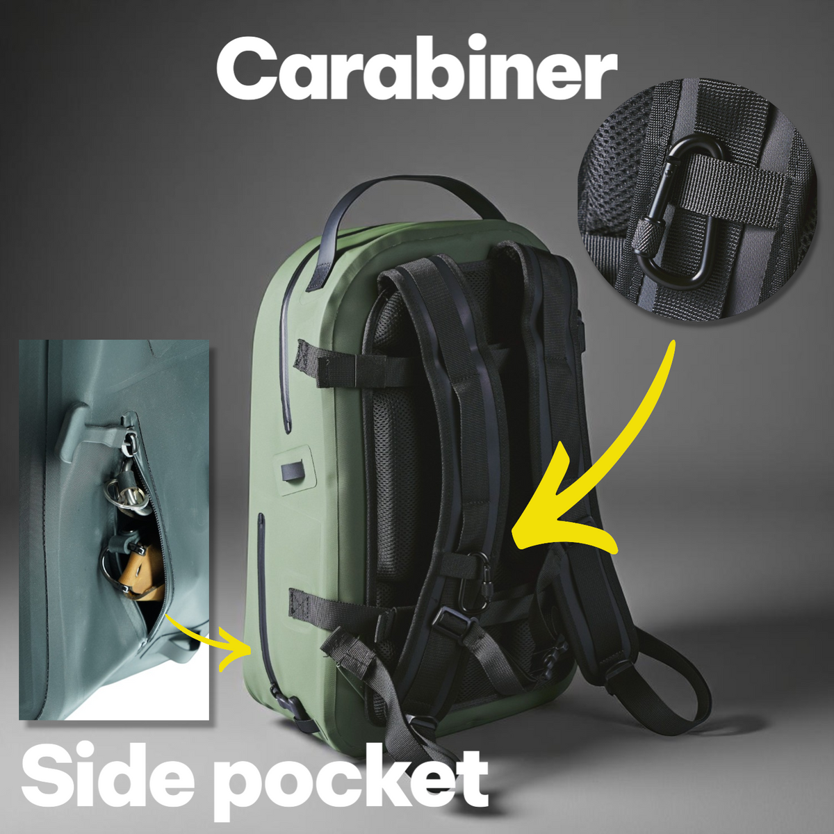 カラビナ装着用ループとサイドポケットを備えた高耐水グリーンバックパック。バイク通勤やアウトドアに便利な収納機能。