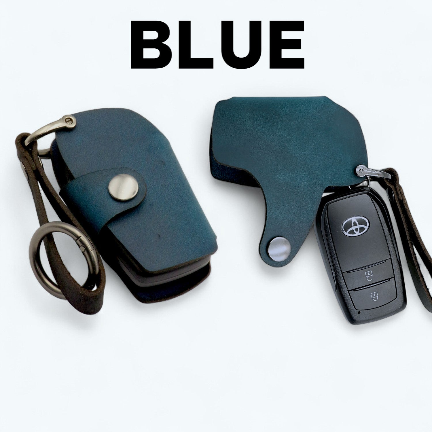 シエンタ・アルファード・GRヤリス対応の本革スマートキーカバー（ブルー／表裏）― トヨタ車向け、彫刻なし仕様のシンプルで洗練されたカバーセット