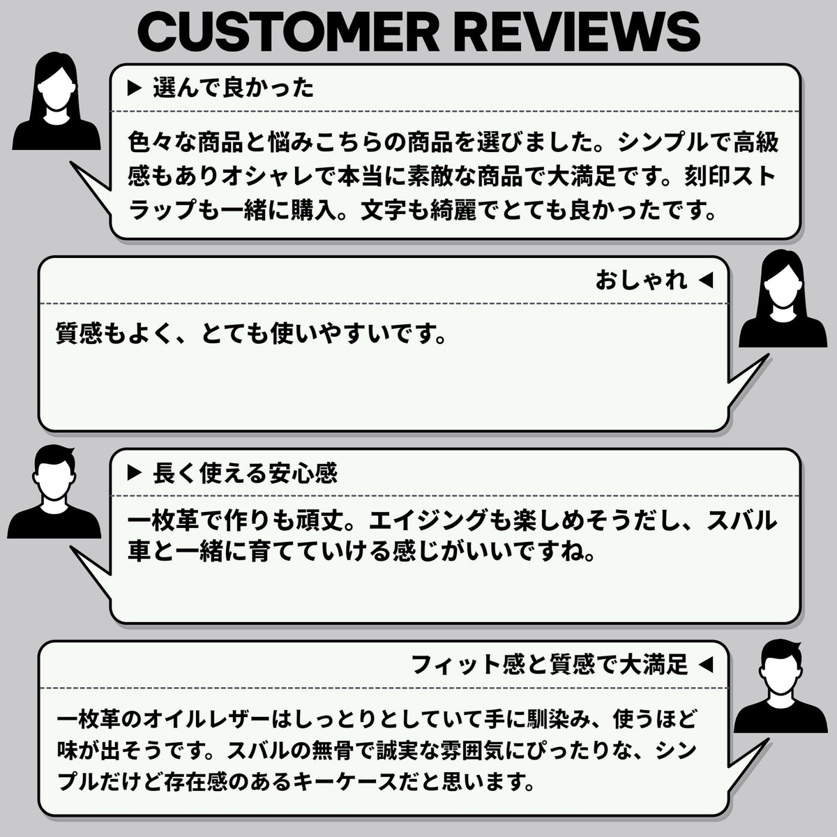 スバル レガシィ・フォレスター・XV対応のキーケース。デザイン性やフィット感、素材の質感など、実際の購入者による満足度の高いレビューを掲載した画像。