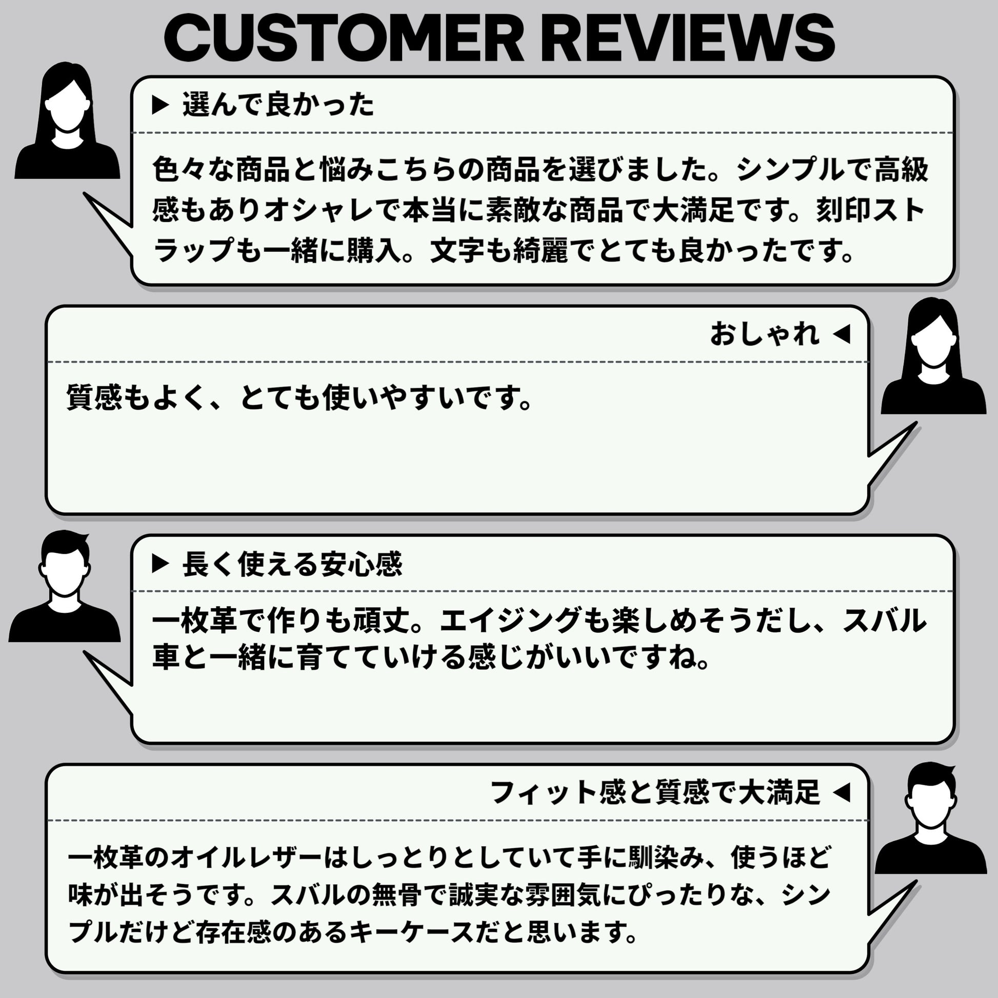 スバル レガシィ・フォレスター・XV対応のキーケース。デザイン性やフィット感、素材の質感など、実際の購入者による満足度の高いレビューを掲載した画像。