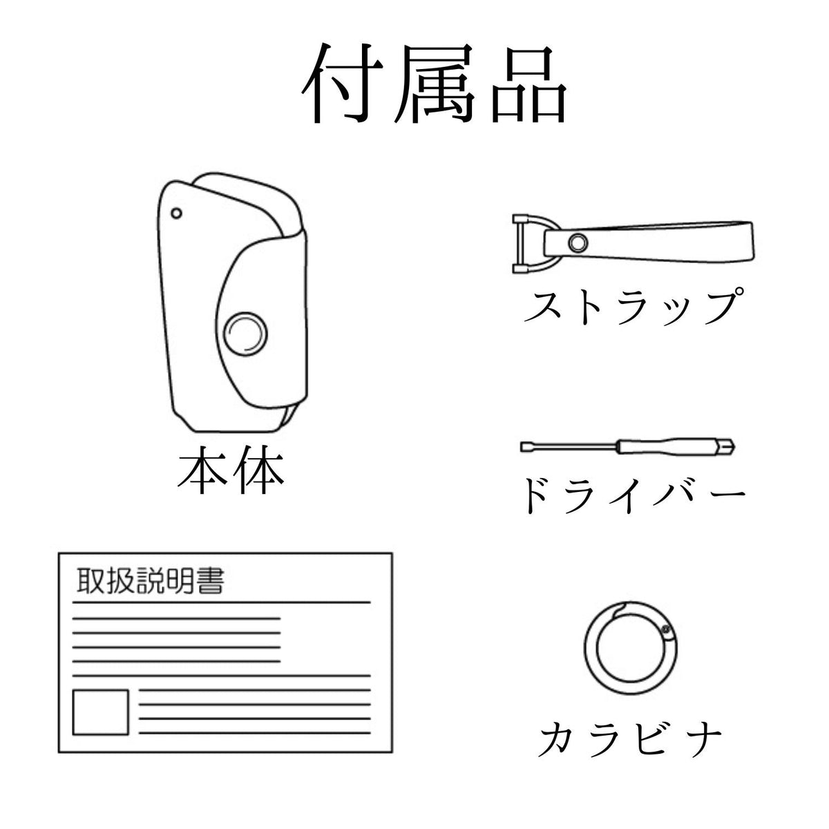 スズキ車用スマートキーケースの付属品一覧。ストラップ、ドライバー、カラビナ、取扱説明書付き。